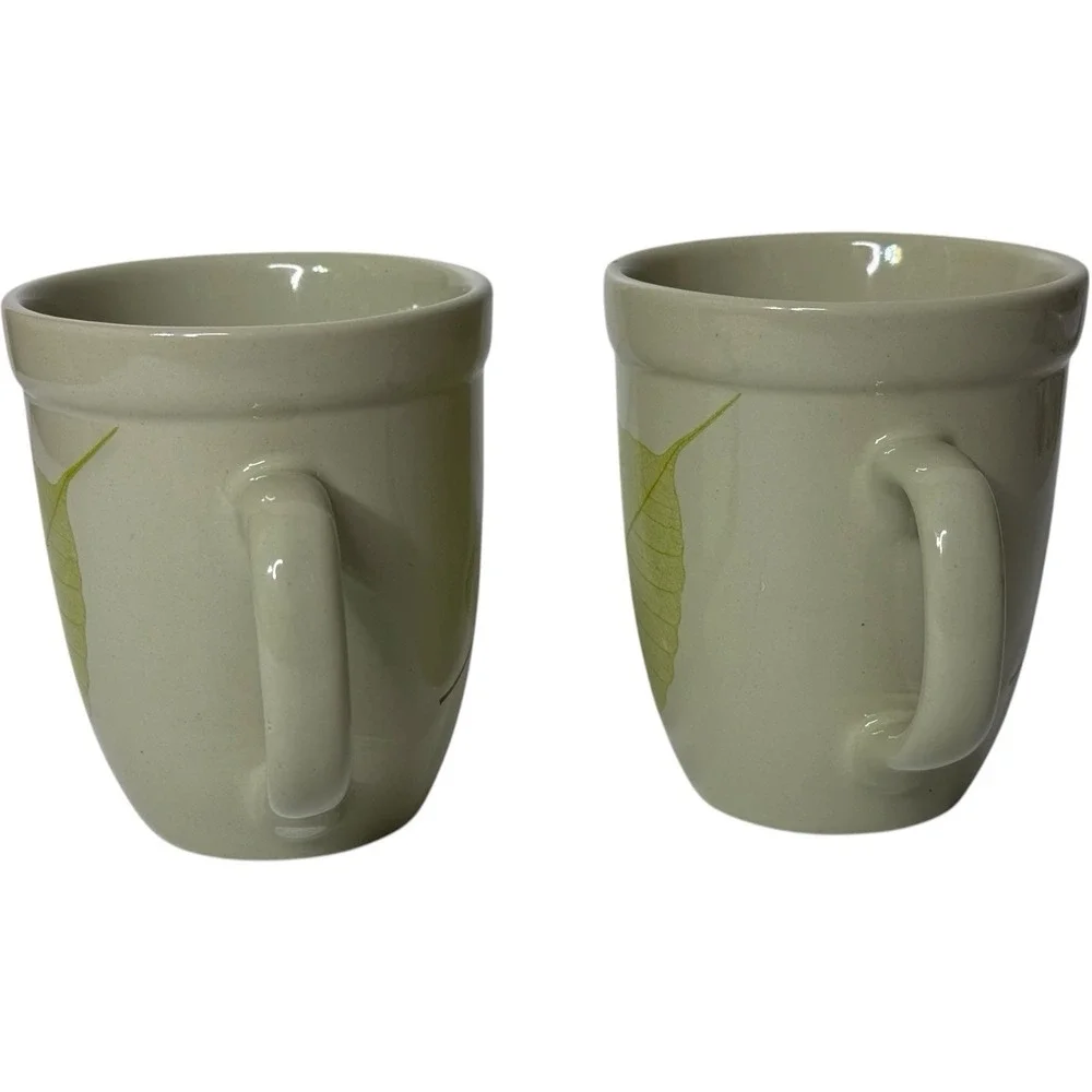 Pier 1 Aspen Mug Green‎ Leaf Stoneware Coffee Tea Set of 2